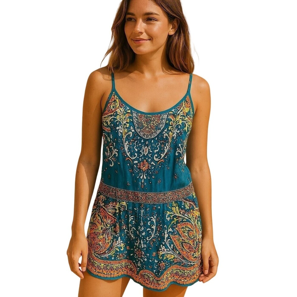 Lucky Brand Boho Paisley Spaghetti Strap Summer Dress Colorful Beach‎ Vacation L